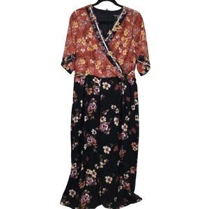 Roz and Ali VTG Style Faux Wrap Wide Leg Floral V-neck Women's Brown Jumpsuit L